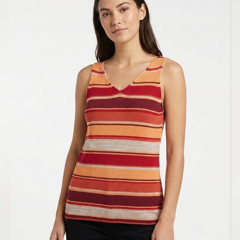 Eddie Bauer Vintage Striped Knit Tank Top V-Neck Orange Burgundy  M Cotton Linen